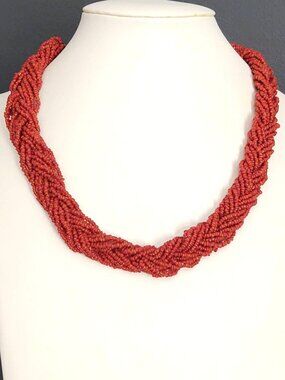 Vintage braided coral colored seed bead necklace